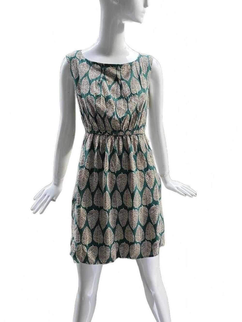 Paper Plane London Green & Cream Leaf Print Sleeveless Mini Dress  Small/Med